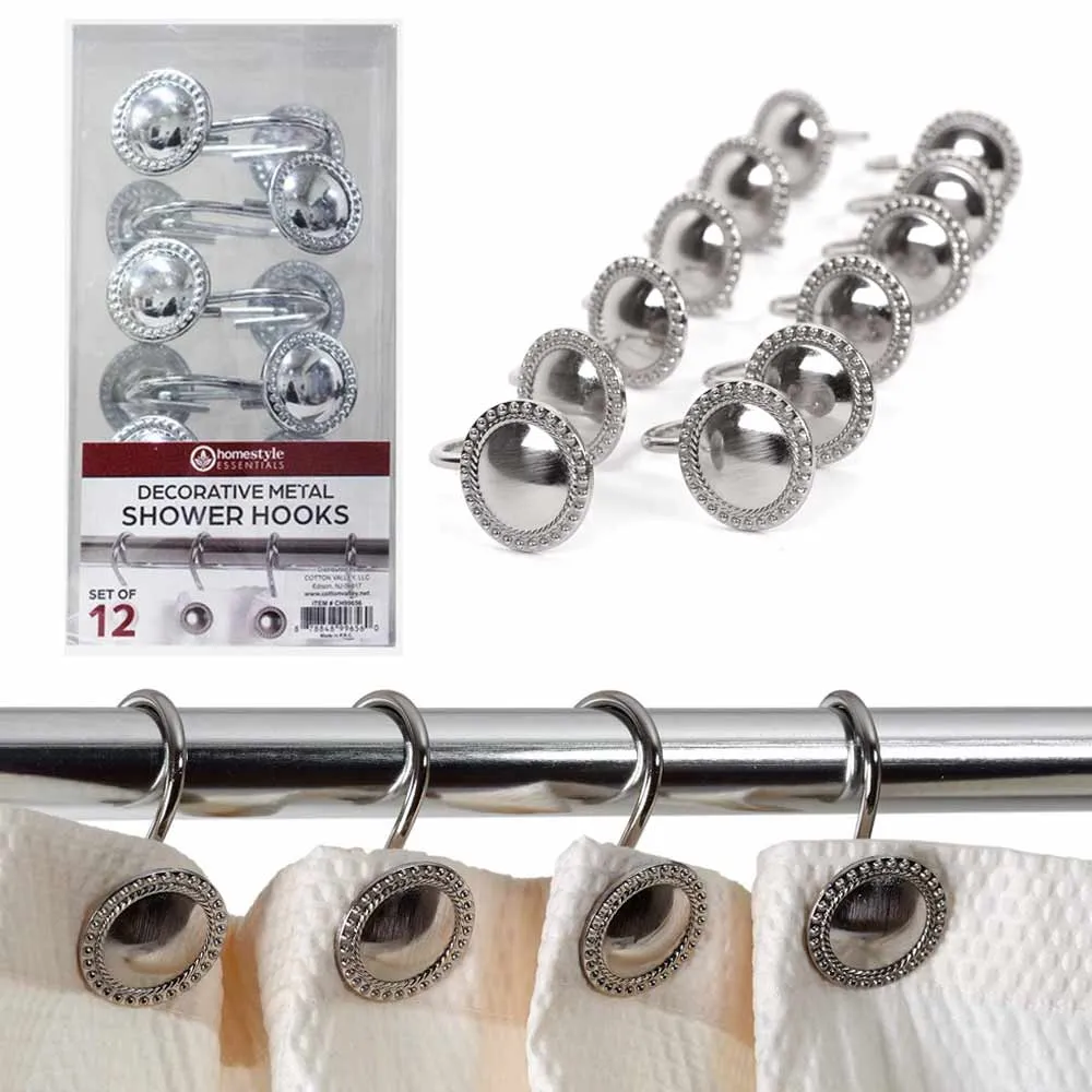 12 Pk Decorative Metal Shower Hooks Heavy Duty Rod Curtain Rings Bathroom Silver