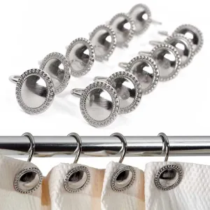 12 Pk Decorative Metal Shower Hooks Heavy Duty Rod Curtain Rings Bathroom Silver