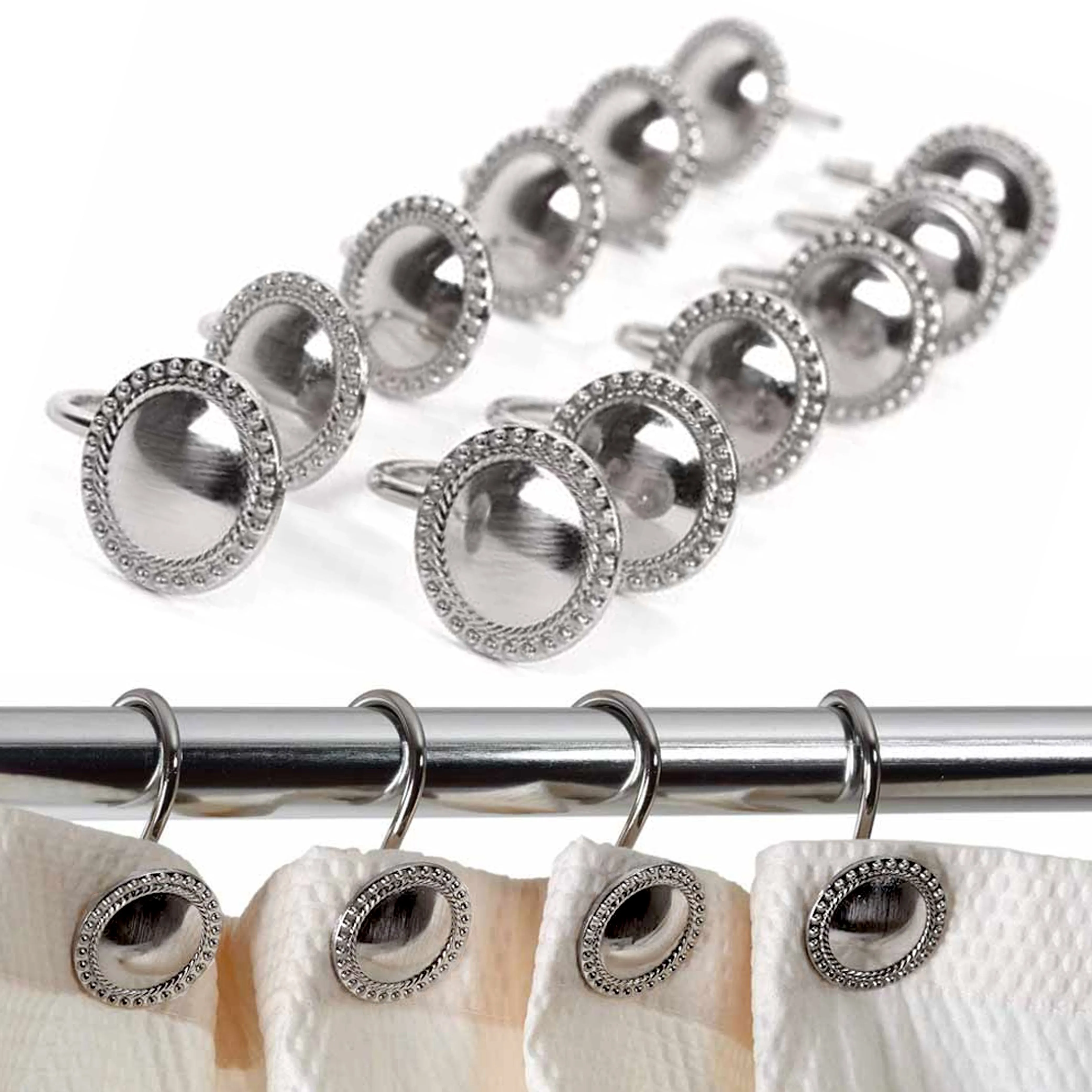 12 Pk Decorative Metal Shower Hooks Heavy Duty Rod Curtain Rings Bathroom Silver