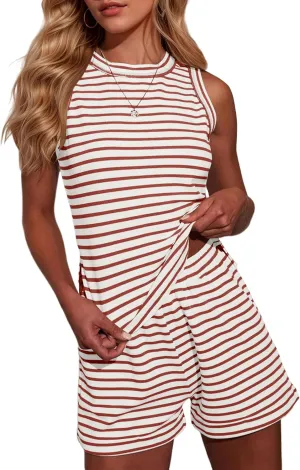 2 Piece Lounge Sets For Women Summer Sleeveless Striped Tank Tops Shorts Casual Crewneck Split Loungewear Short Sets