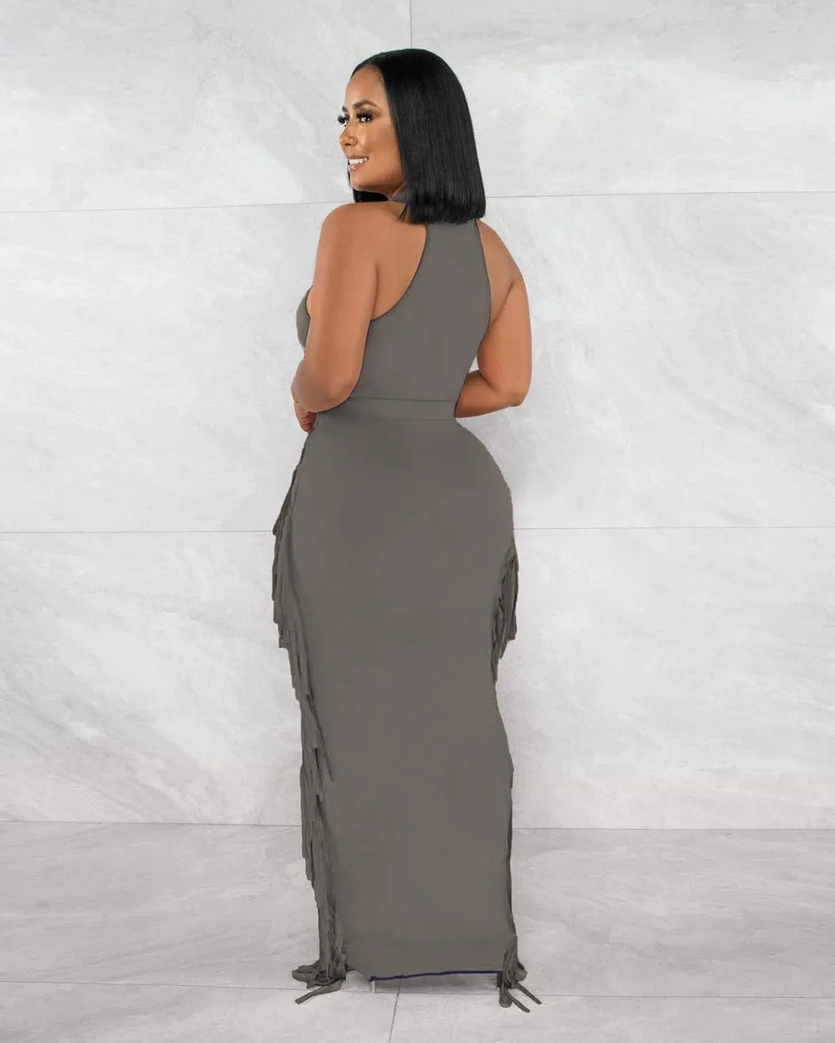 2 Piece Outfits for Women Sexy Halter Neck Sleeveless Crop Tops Ruched Bodycon Dresses Jumpsuits Fringe Skirt Sets