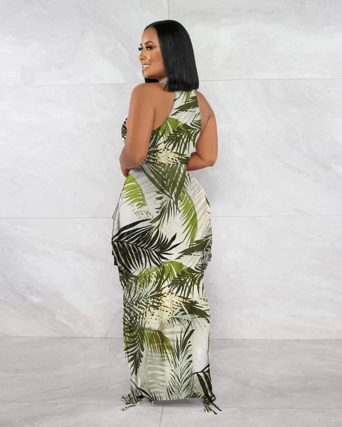 2 Piece Outfits for Women Sexy Halter Neck Sleeveless Crop Tops Ruched Bodycon Dresses Jumpsuits Fringe Skirt Sets