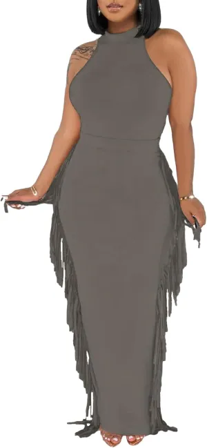 2 Piece Outfits for Women Sexy Halter Neck Sleeveless Crop Tops Ruched Bodycon Dresses Jumpsuits Fringe Skirt Sets