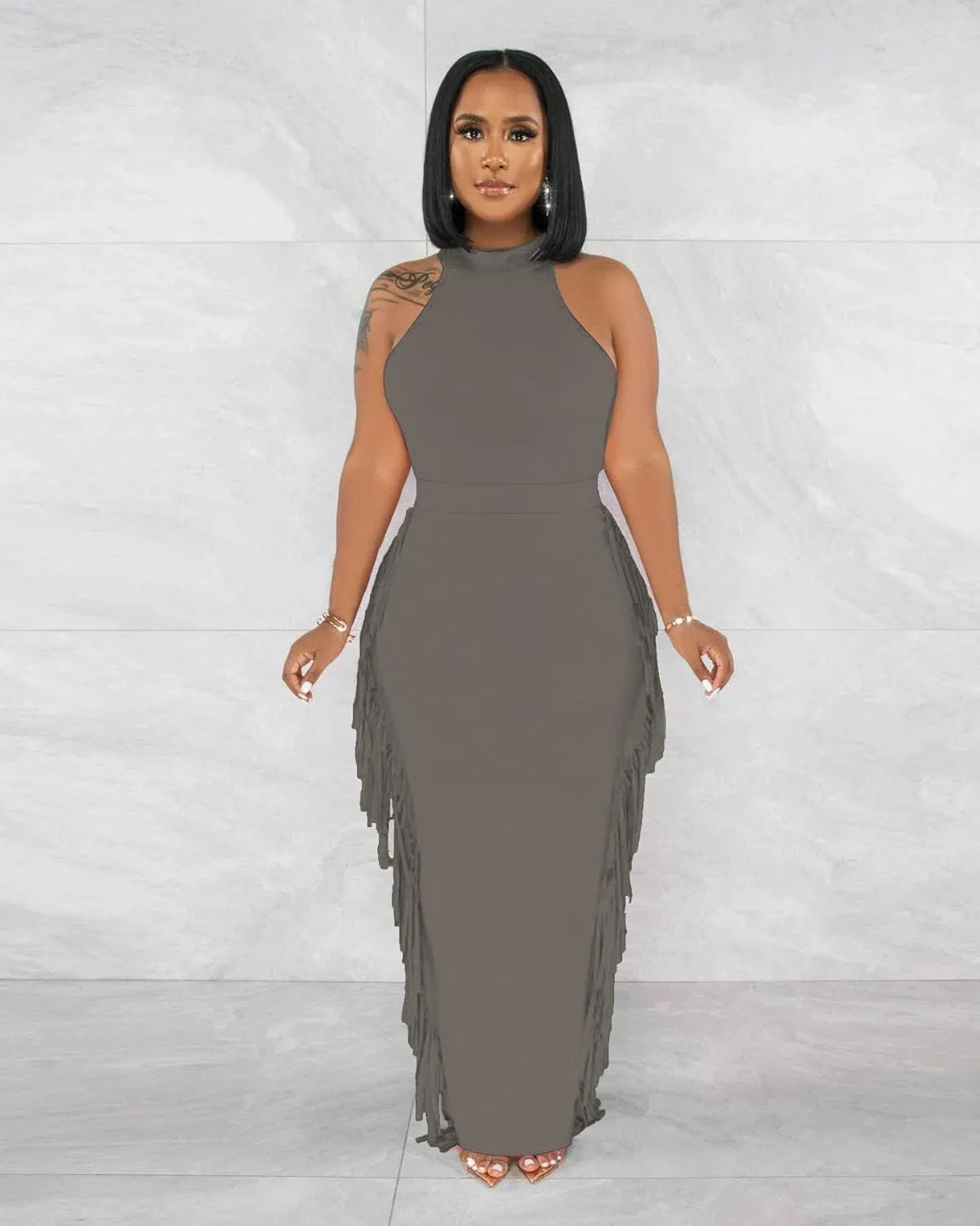 2 Piece Outfits for Women Sexy Halter Neck Sleeveless Crop Tops Ruched Bodycon Dresses Jumpsuits Fringe Skirt Sets