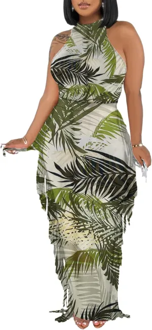 2 Piece Outfits for Women Sexy Halter Neck Sleeveless Crop Tops Ruched Bodycon Dresses Jumpsuits Fringe Skirt Sets