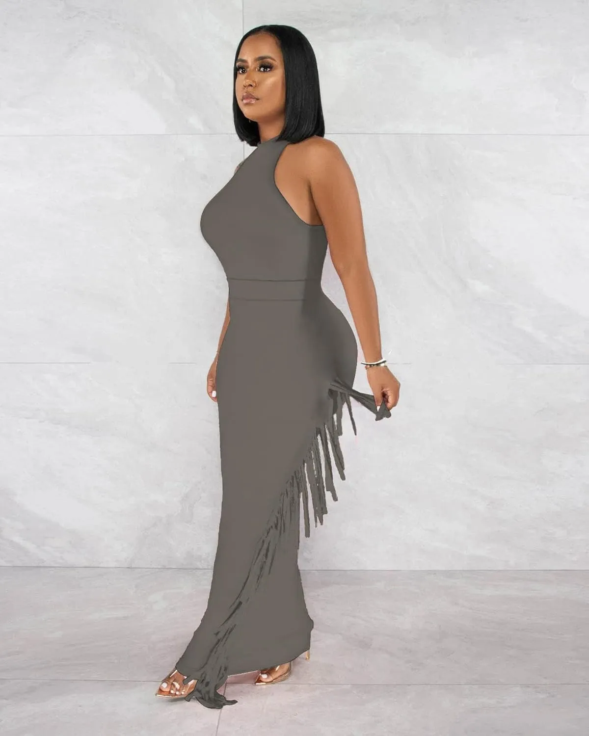 2 Piece Outfits for Women Sexy Halter Neck Sleeveless Crop Tops Ruched Bodycon Dresses Jumpsuits Fringe Skirt Sets
