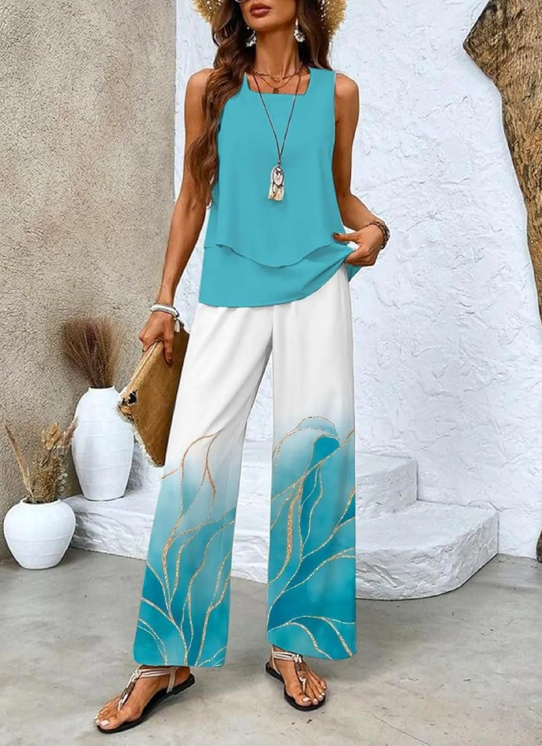 2 Piece Sets for Women Polka Dots Square Neck Tops Wide Leg Crop Pants Vacation Summer Travel Outfits