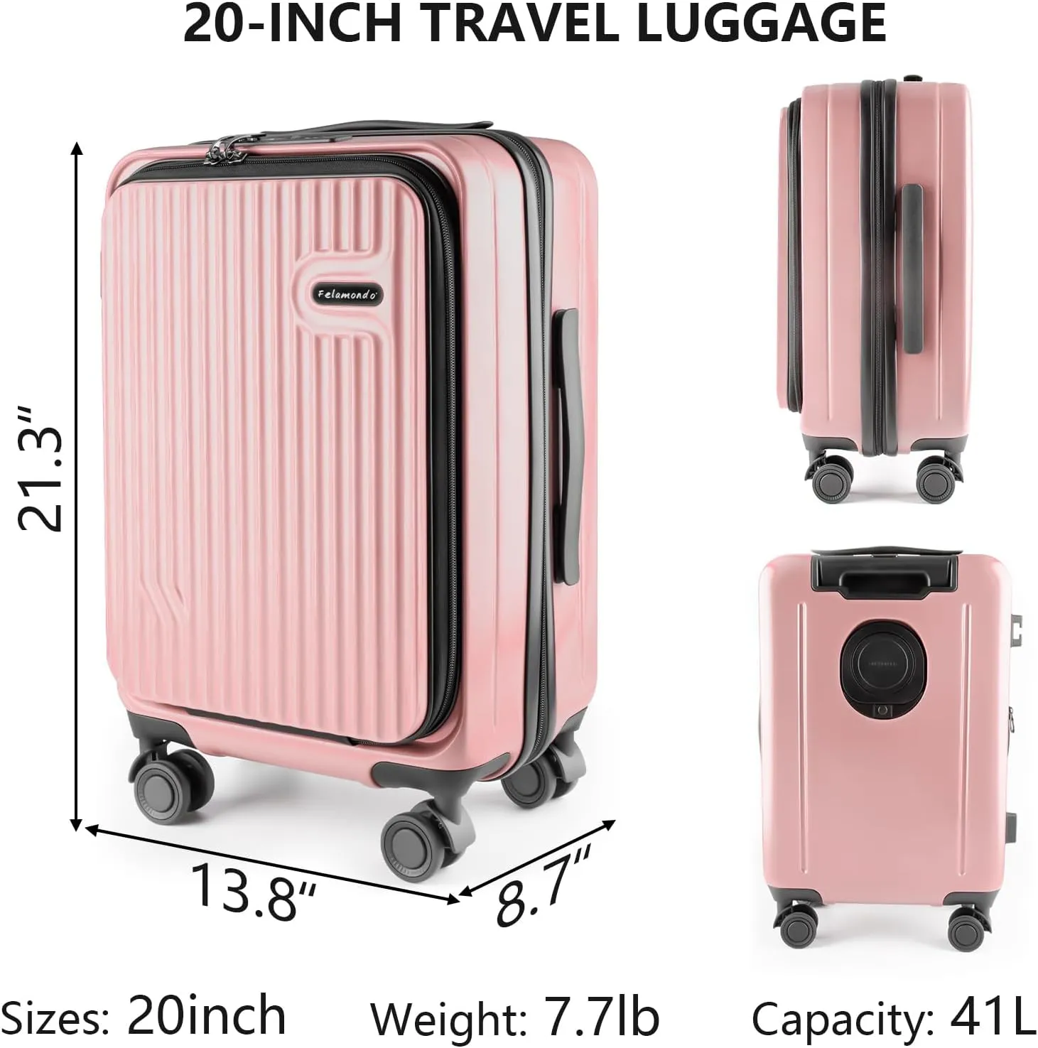 20-Inch Hardshell Carry-On Luggage with Front Compartment, 360-Degree Spinner Wheels, TSA Lock, Cup Holder & Bag Hook - Airline Approved Business Travel Suitcase (pink)