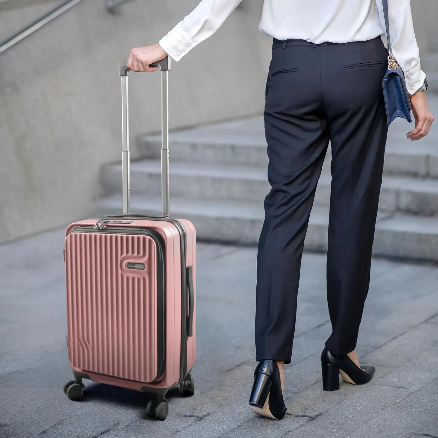 20-Inch Hardshell Carry-On Luggage with Front Compartment, 360-Degree Spinner Wheels, TSA Lock, Cup Holder & Bag Hook - Airline Approved Business Travel Suitcase (pink)