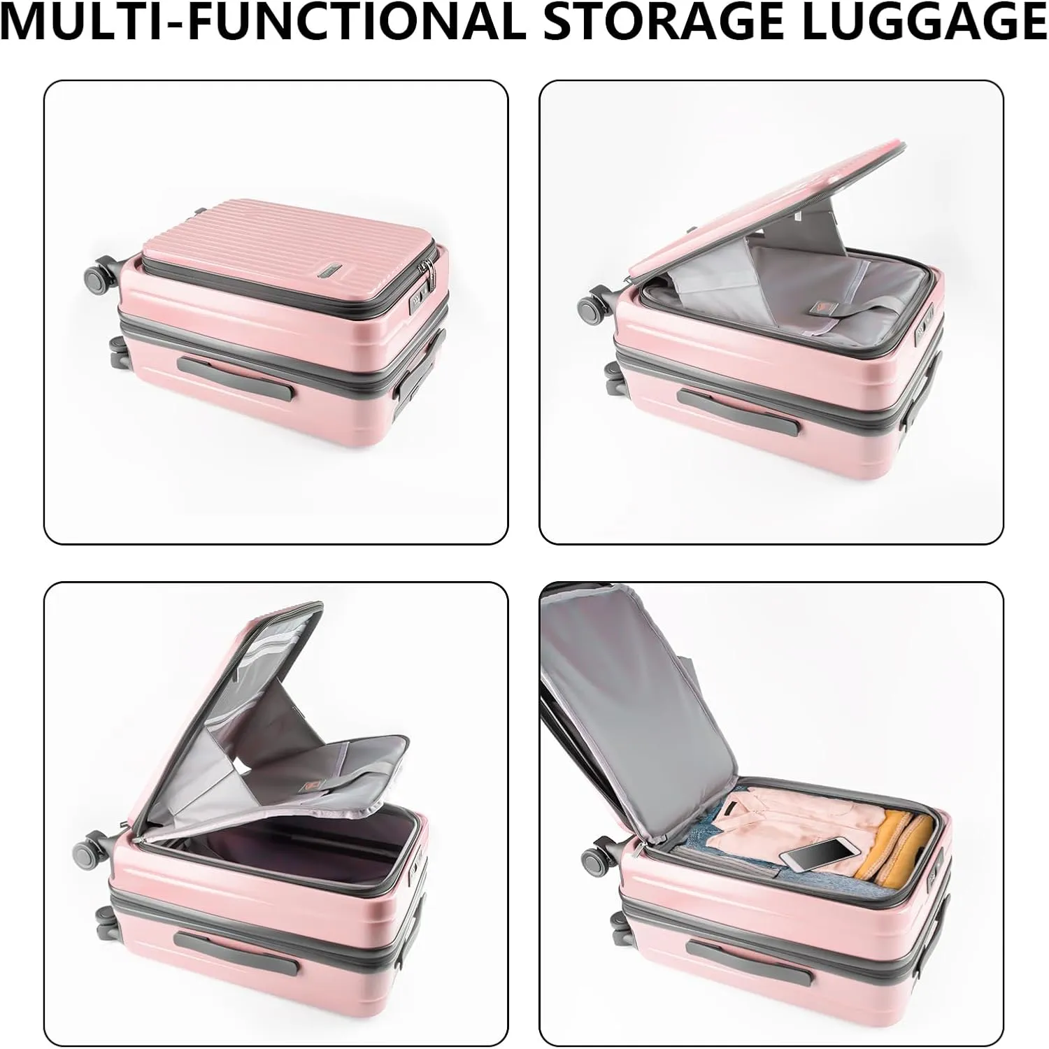 20-Inch Hardshell Carry-On Luggage with Front Compartment, 360-Degree Spinner Wheels, TSA Lock, Cup Holder & Bag Hook - Airline Approved Business Travel Suitcase (pink)