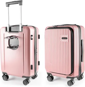 20-Inch Hardshell Carry-On Luggage with Front Compartment, 360-Degree Spinner Wheels, TSA Lock, Cup Holder & Bag Hook - Airline Approved Business Travel Suitcase (pink)