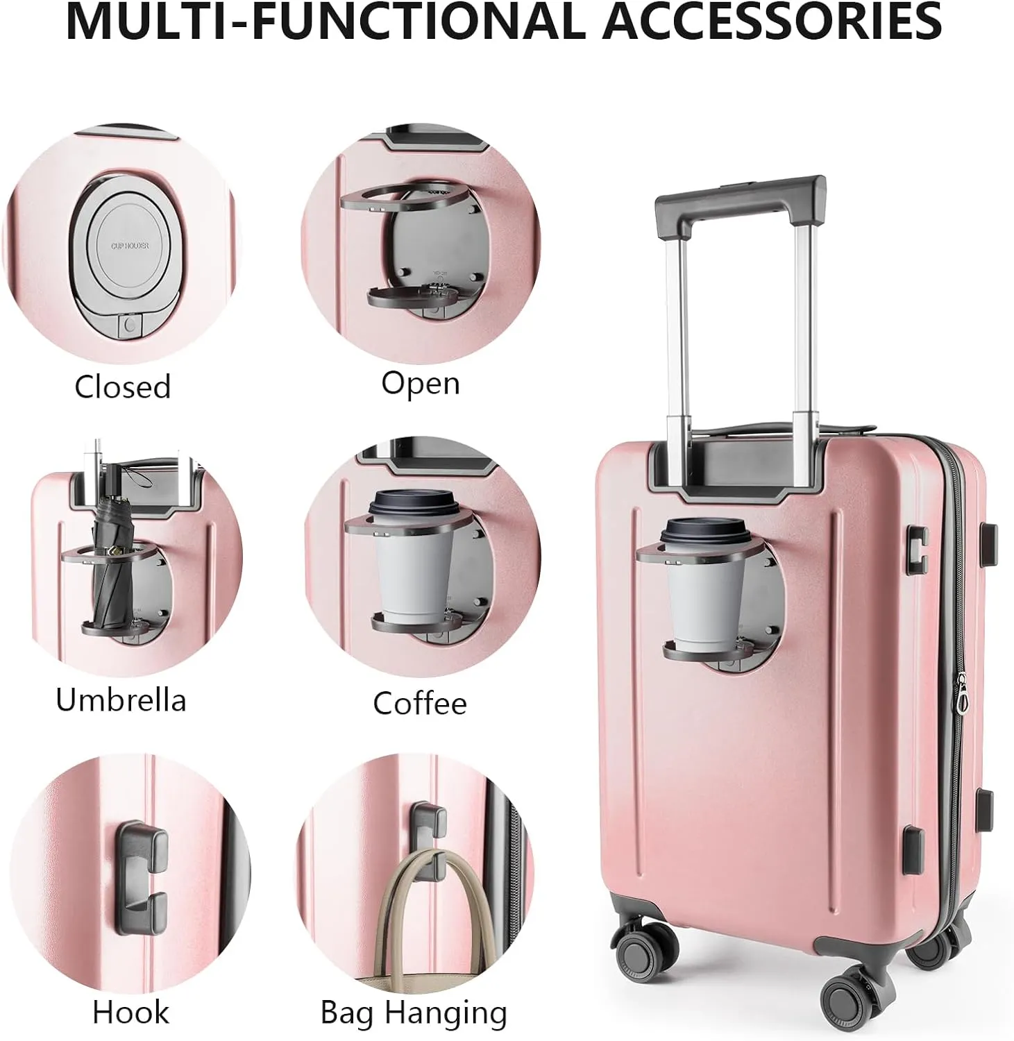 20-Inch Hardshell Carry-On Luggage with Front Compartment, 360-Degree Spinner Wheels, TSA Lock, Cup Holder & Bag Hook - Airline Approved Business Travel Suitcase (pink)
