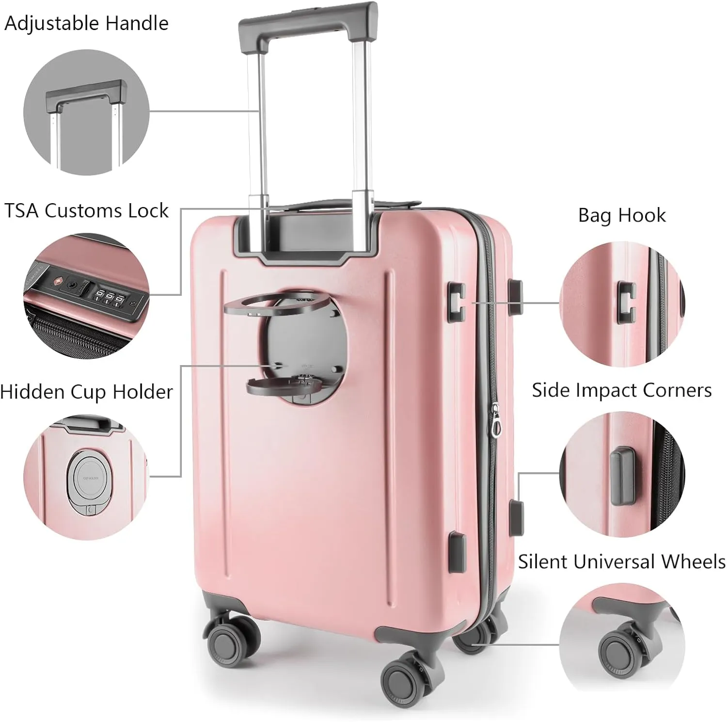 20-Inch Hardshell Carry-On Luggage with Front Compartment, 360-Degree Spinner Wheels, TSA Lock, Cup Holder & Bag Hook - Airline Approved Business Travel Suitcase (pink)
