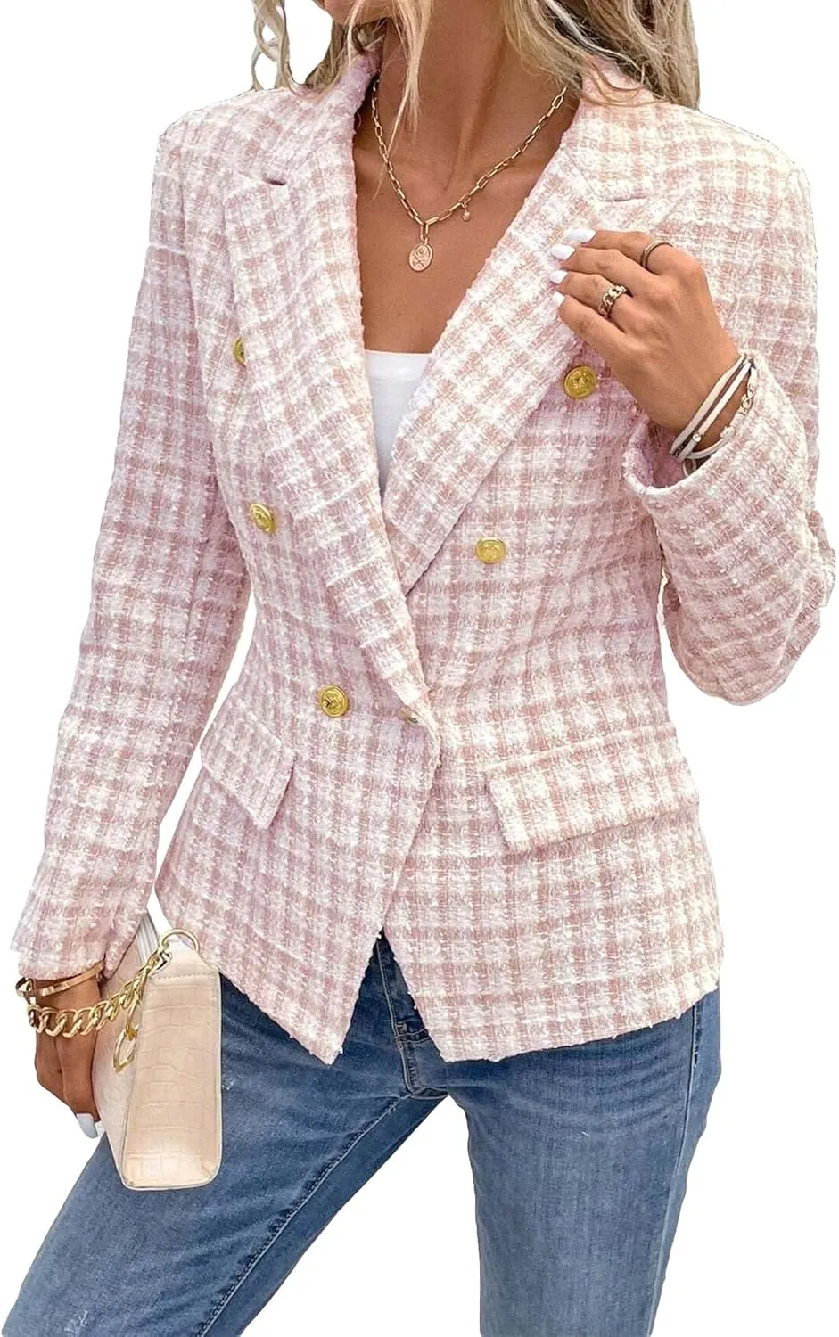 2025 Women's Spring Tweed Blazer Plaid Fashion Slim Fully-Lined Double-Breasted Casual Work Jacket with Pockets
