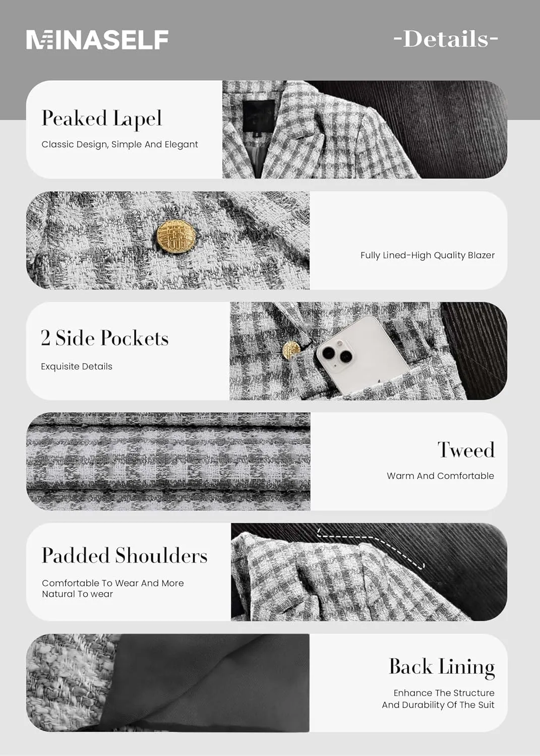 2025 Women's Spring Tweed Blazer Plaid Fashion Slim Fully-Lined Double-Breasted Casual Work Jacket with Pockets