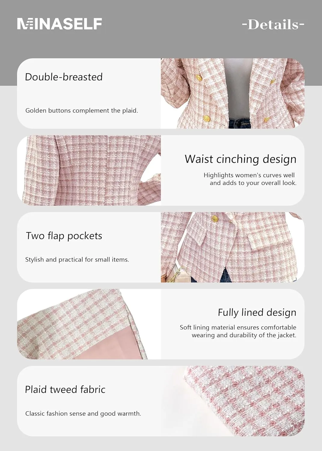 2025 Women's Spring Tweed Blazer Plaid Fashion Slim Fully-Lined Double-Breasted Casual Work Jacket with Pockets