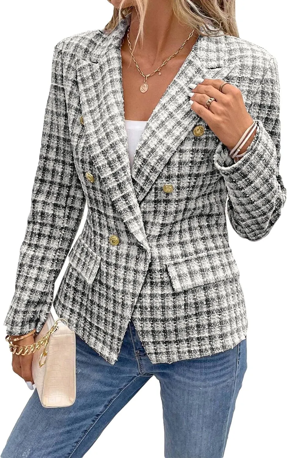 2025 Women's Spring Tweed Blazer Plaid Fashion Slim Fully-Lined Double-Breasted Casual Work Jacket with Pockets