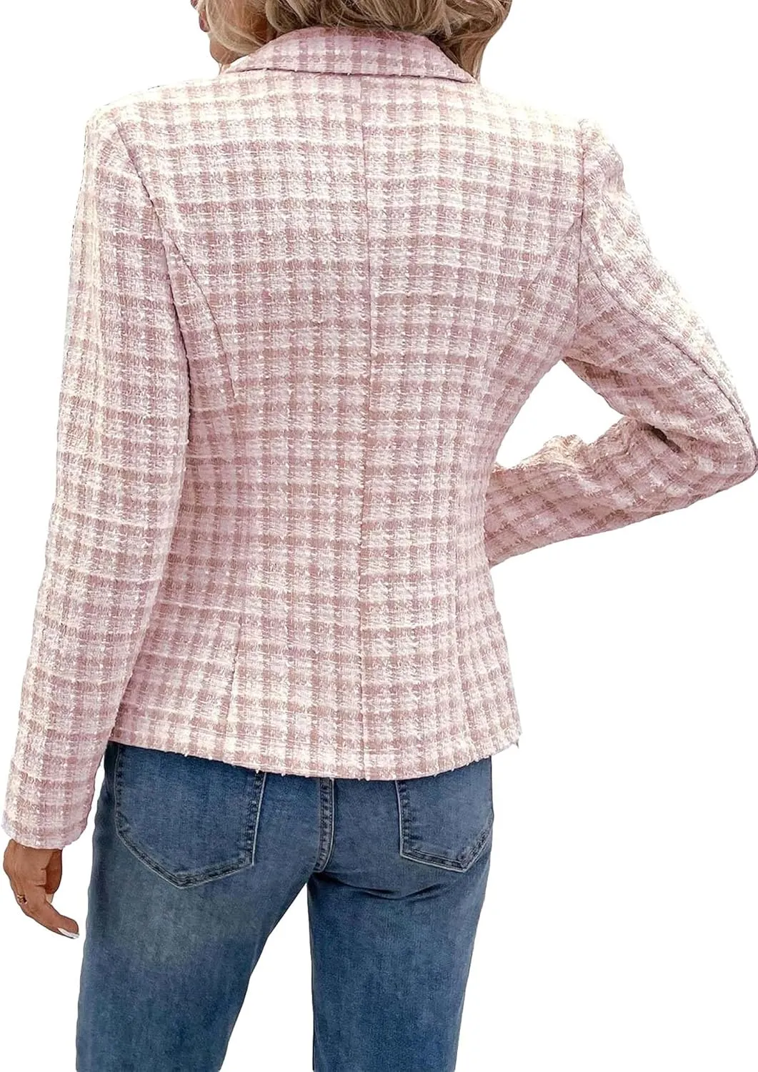 2025 Women's Spring Tweed Blazer Plaid Fashion Slim Fully-Lined Double-Breasted Casual Work Jacket with Pockets
