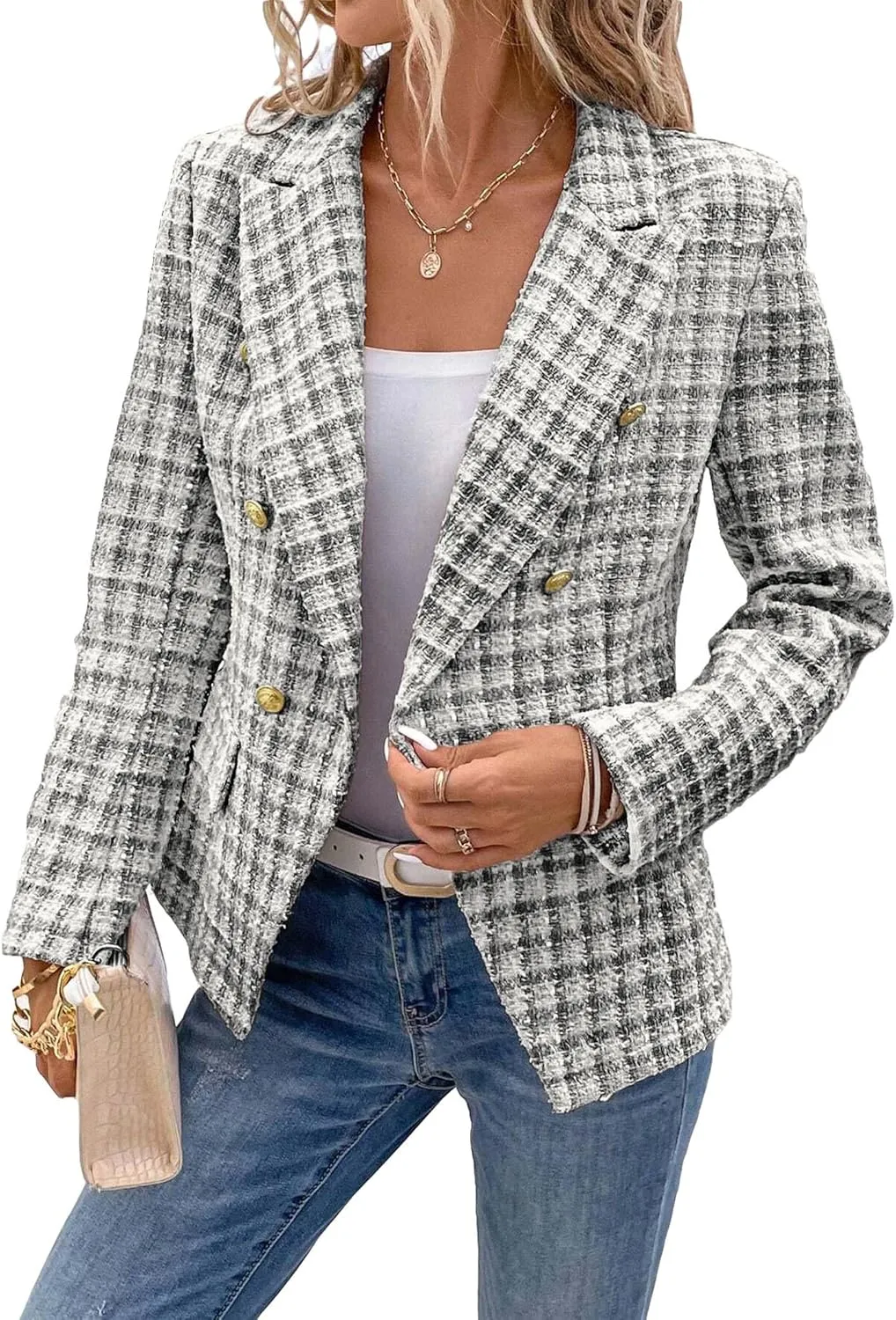 2025 Women's Spring Tweed Blazer Plaid Fashion Slim Fully-Lined Double-Breasted Casual Work Jacket with Pockets