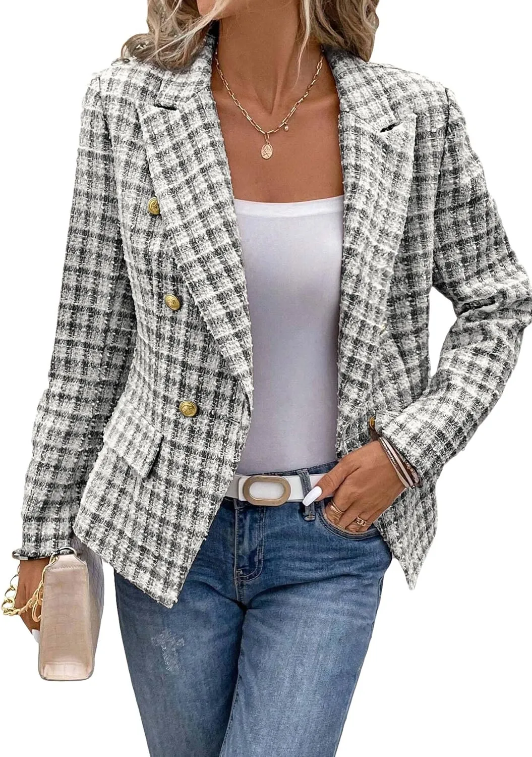 2025 Women's Spring Tweed Blazer Plaid Fashion Slim Fully-Lined Double-Breasted Casual Work Jacket with Pockets