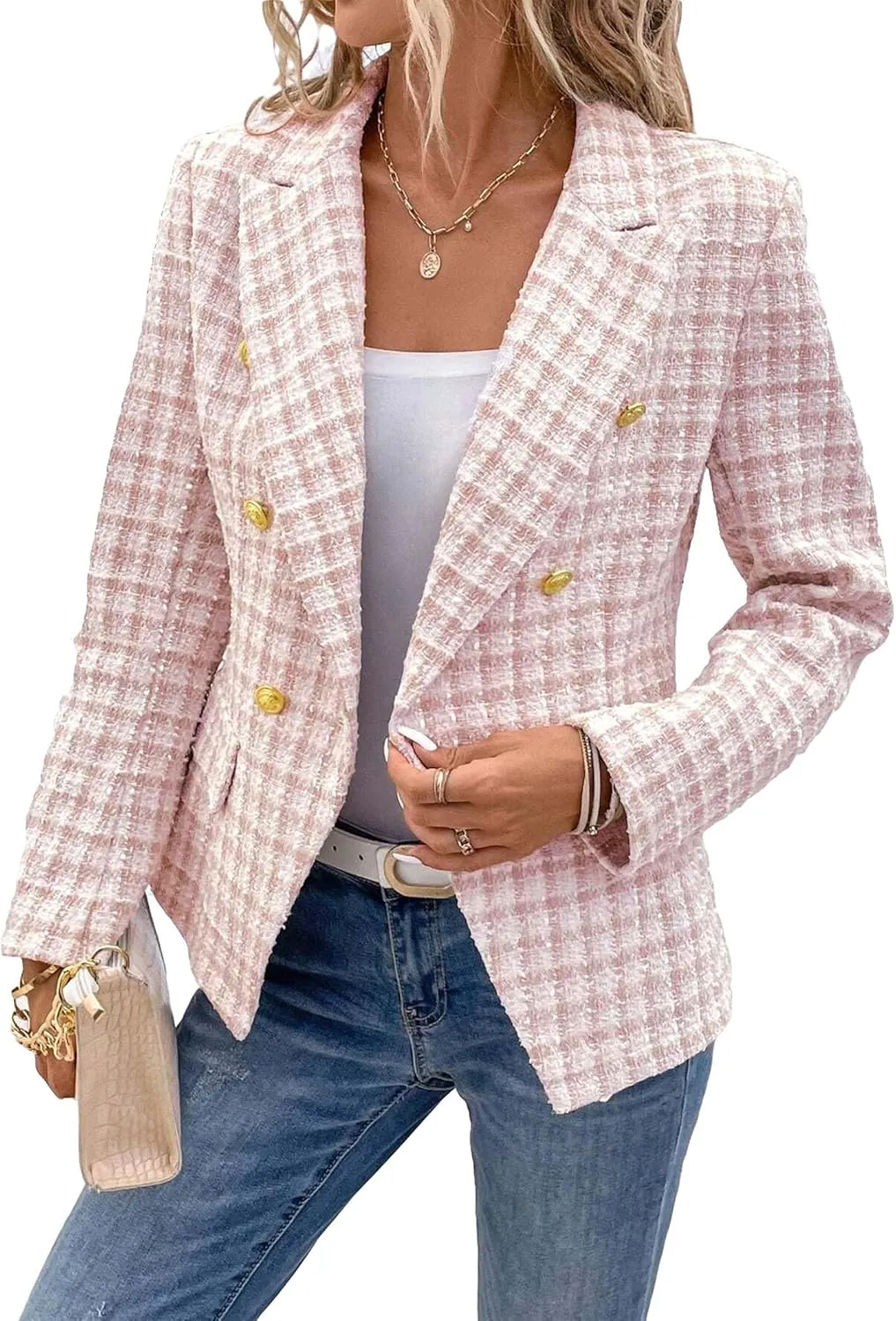 2025 Women's Spring Tweed Blazer Plaid Fashion Slim Fully-Lined Double-Breasted Casual Work Jacket with Pockets