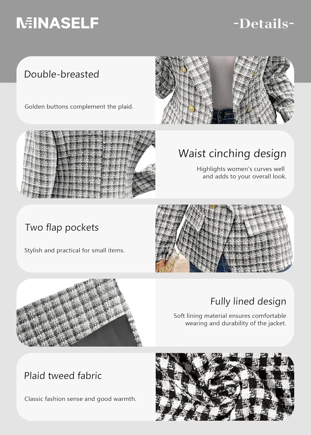 2025 Women's Spring Tweed Blazer Plaid Fashion Slim Fully-Lined Double-Breasted Casual Work Jacket with Pockets
