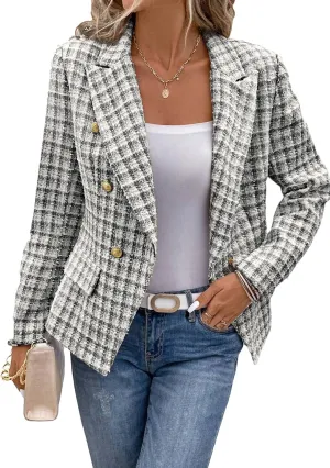 2025 Women's Spring Tweed Blazer Plaid Fashion Slim Fully-Lined Double-Breasted Casual Work Jacket with Pockets