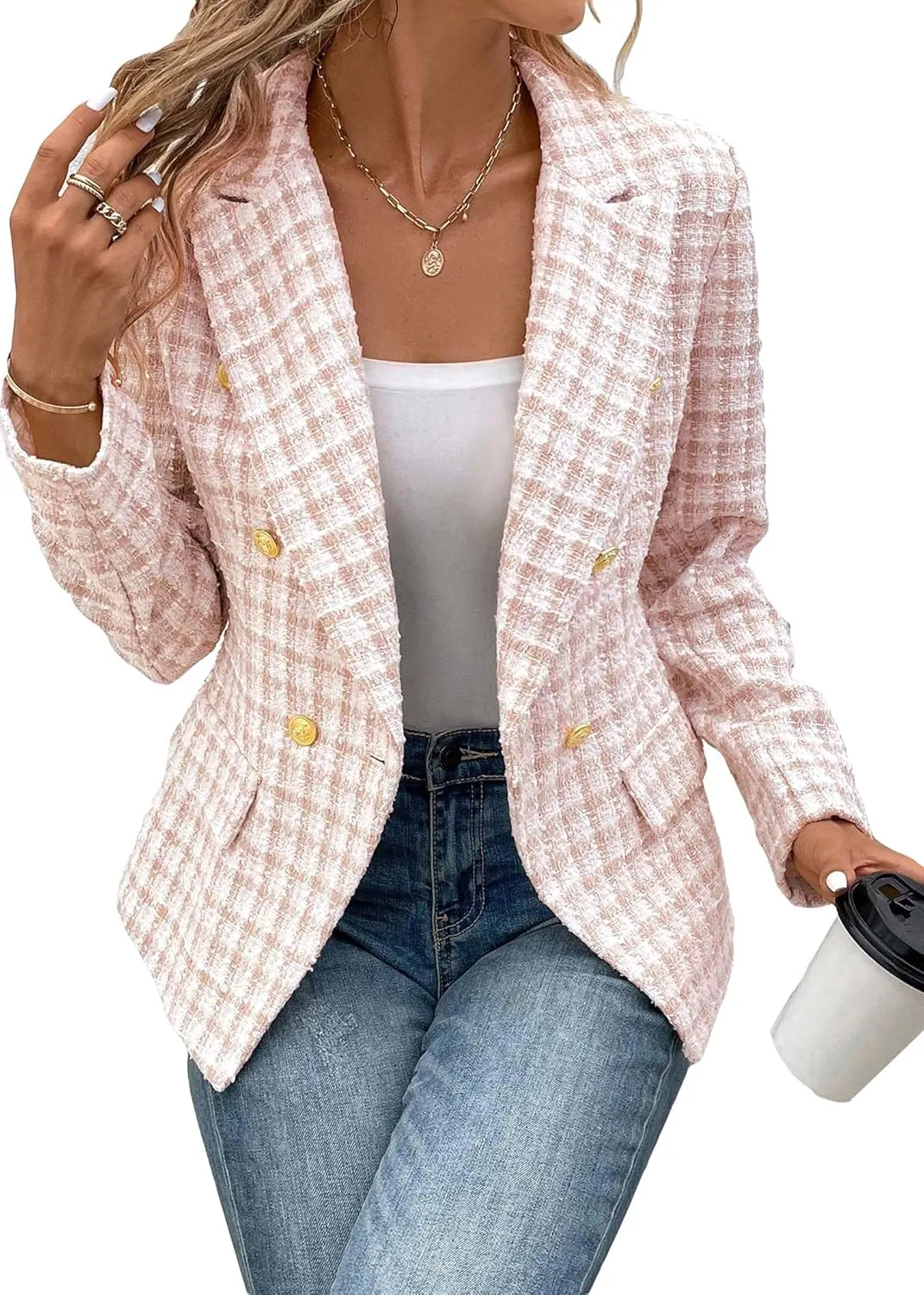 2025 Women's Spring Tweed Blazer Plaid Fashion Slim Fully-Lined Double-Breasted Casual Work Jacket with Pockets