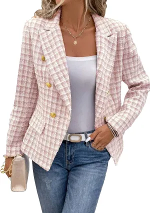 2025 Women's Spring Tweed Blazer Plaid Fashion Slim Fully-Lined Double-Breasted Casual Work Jacket with Pockets