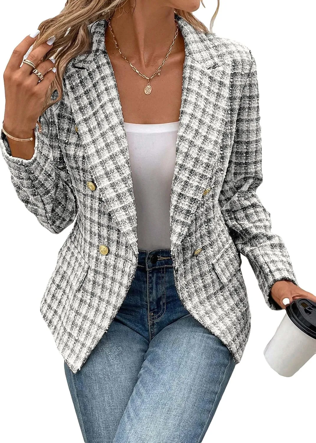 2025 Women's Spring Tweed Blazer Plaid Fashion Slim Fully-Lined Double-Breasted Casual Work Jacket with Pockets