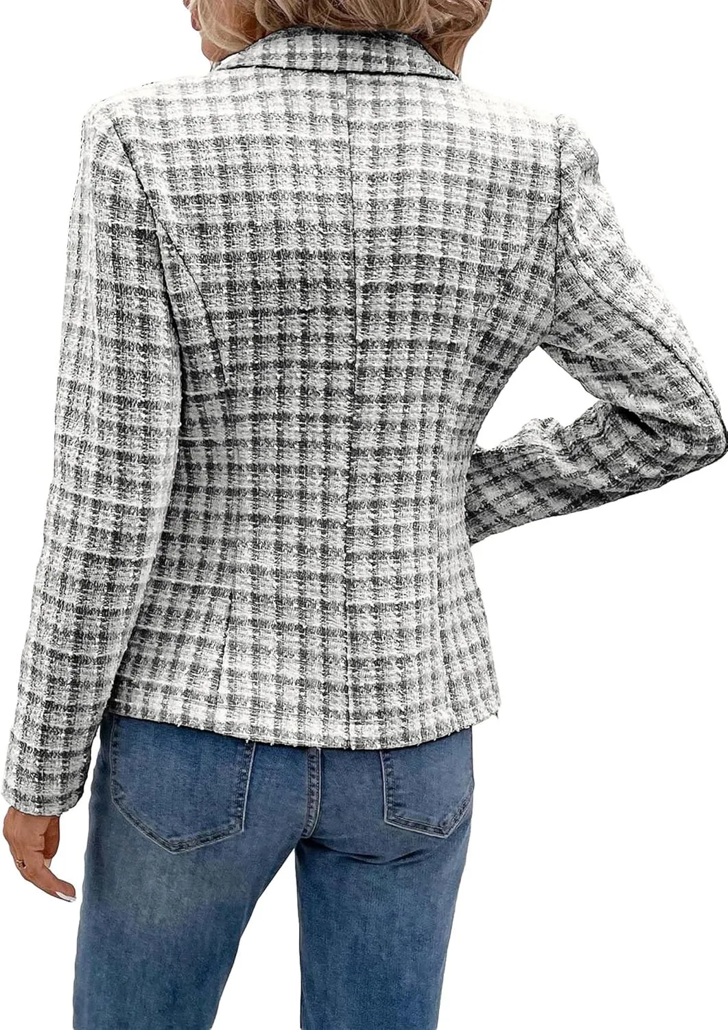 2025 Women's Spring Tweed Blazer Plaid Fashion Slim Fully-Lined Double-Breasted Casual Work Jacket with Pockets