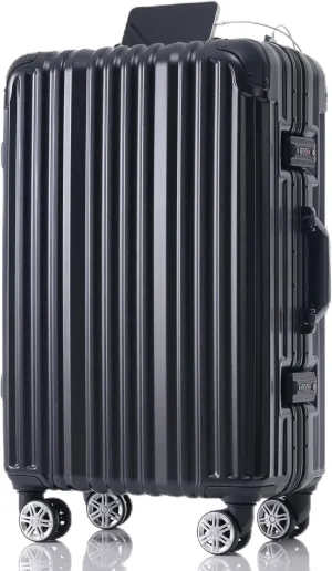 24in Lightweight Aluminum Frame Luggage with USB Port for Travel, Spinner Wheels, Black