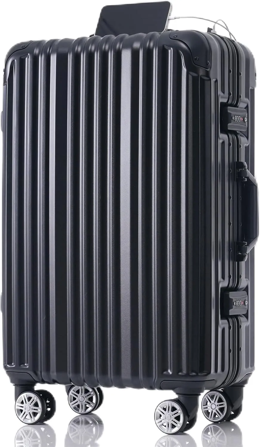 24in Lightweight Aluminum Frame Luggage with USB Port for Travel, Spinner Wheels, Black