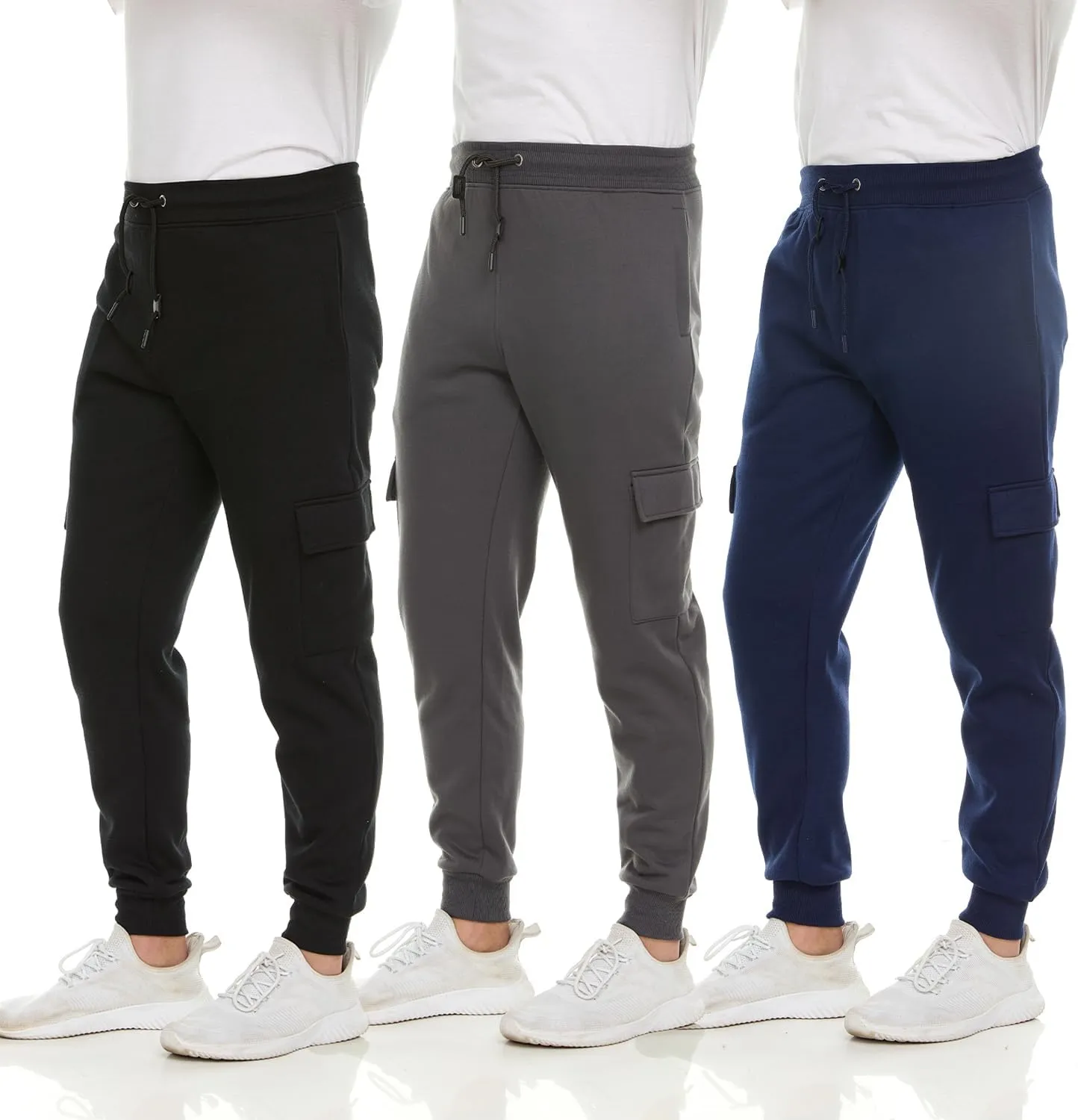 3 Pack: Men's Fleece Cargo Jogger Active Athletic Sweatpants with Pockets