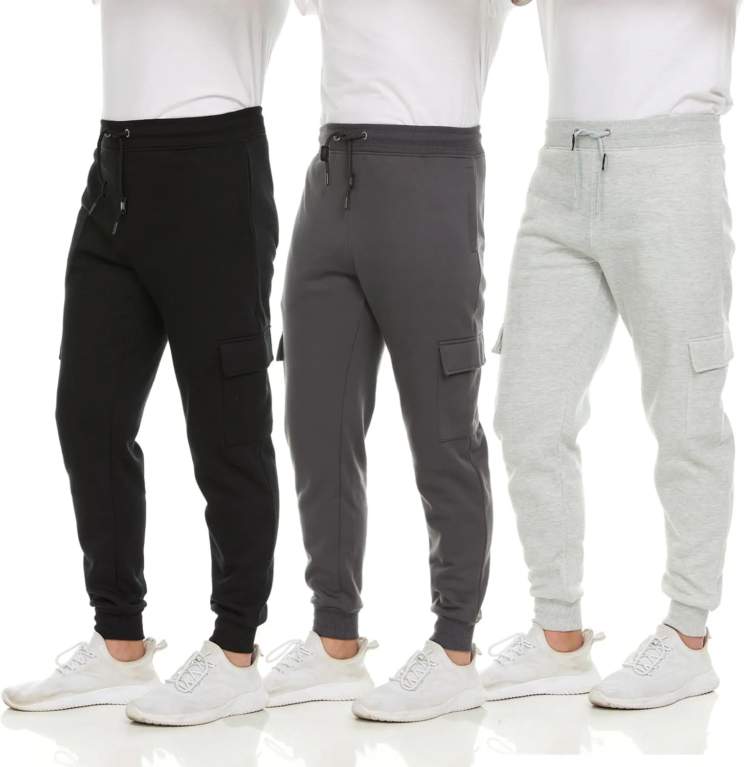 3 Pack: Men's Fleece Cargo Jogger Active Athletic Sweatpants with Pockets