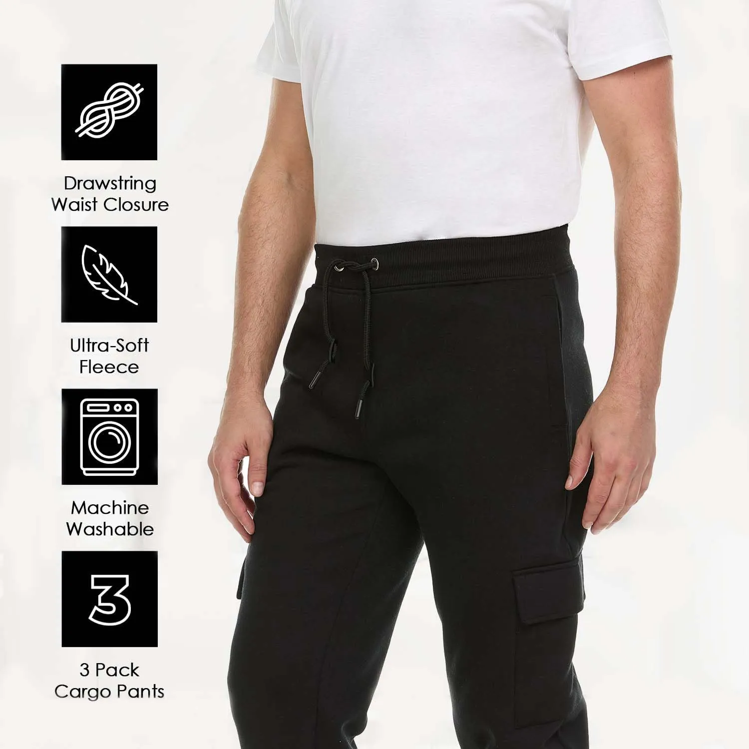 3 Pack: Men's Fleece Cargo Jogger Active Athletic Sweatpants with Pockets