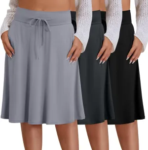 3 Pack Plus Size Skirts for Women Knee Length Flared Midi Stretchy Drawstring Summer Skirts 1X-5X
