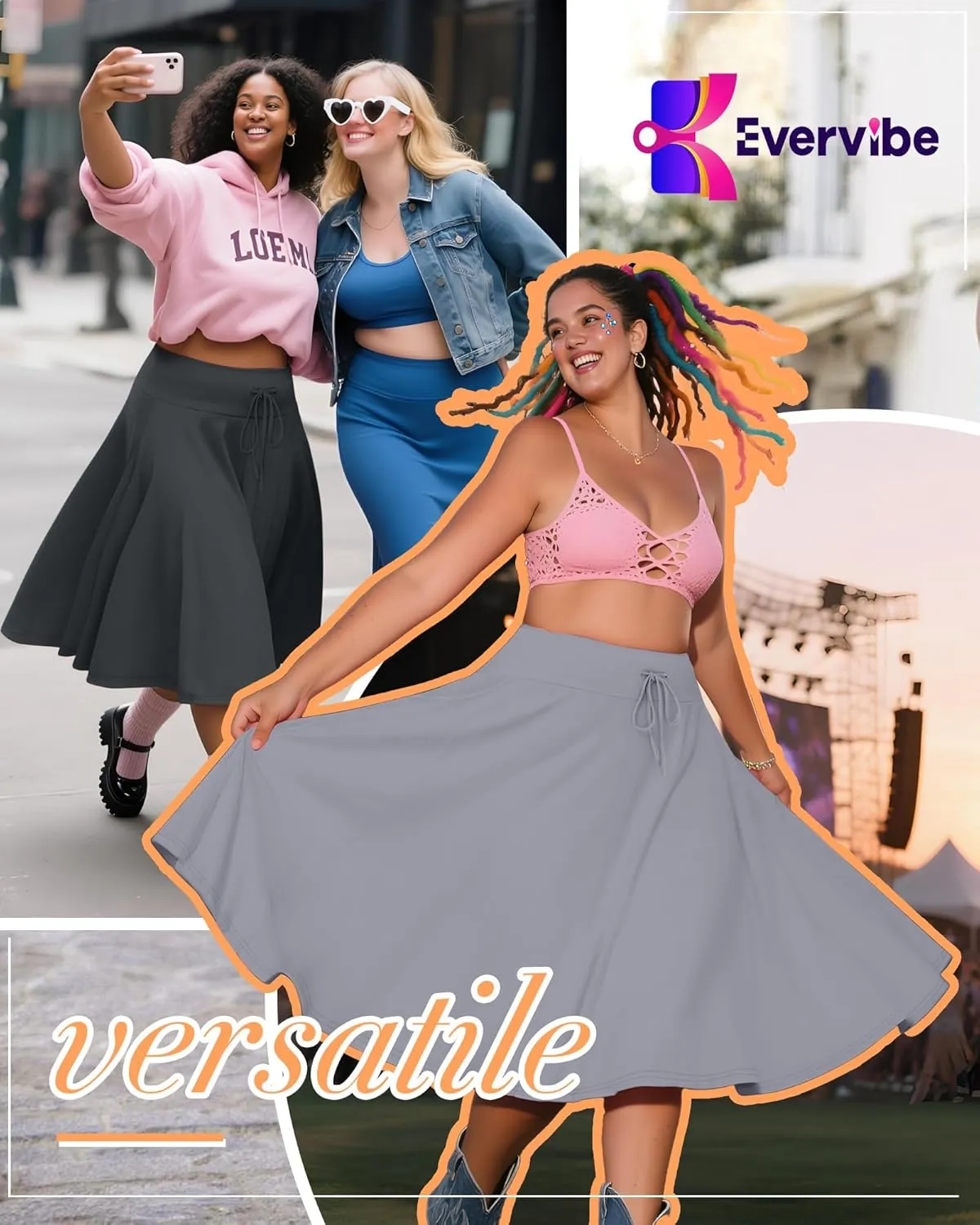 3 Pack Plus Size Skirts for Women Knee Length Flared Midi Stretchy Drawstring Summer Skirts 1X-5X