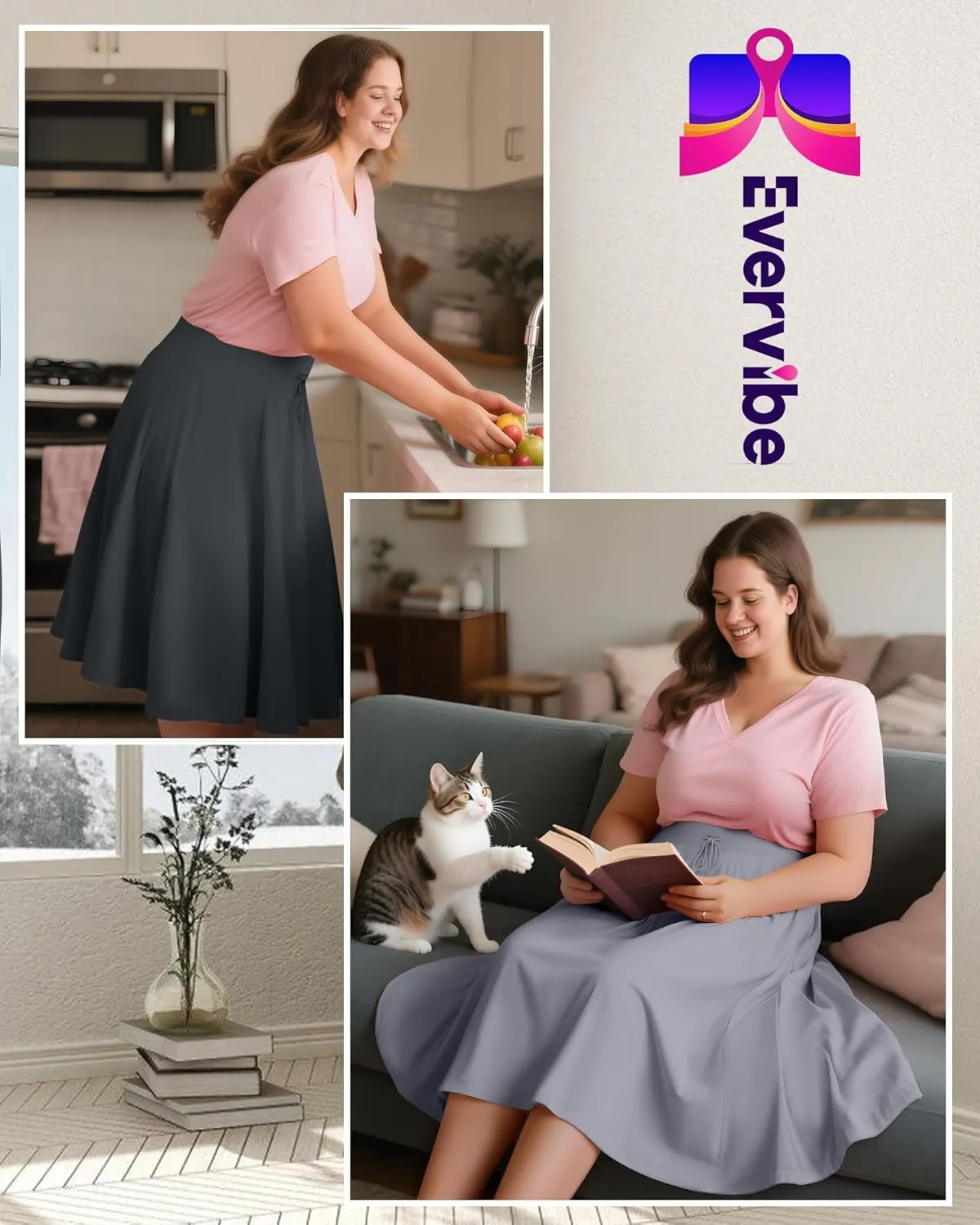 3 Pack Plus Size Skirts for Women Knee Length Flared Midi Stretchy Drawstring Summer Skirts 1X-5X