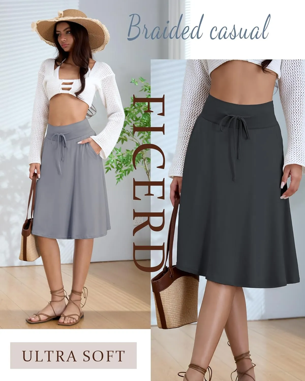3 Pack Plus Size Skirts for Women Knee Length Flared Midi Stretchy Drawstring Summer Skirts 1X-5X