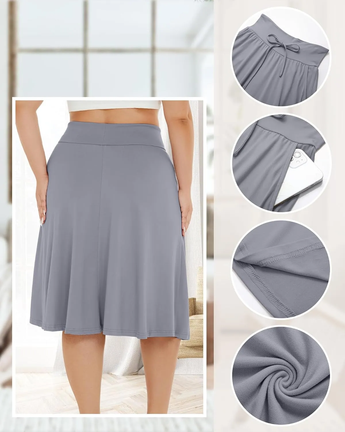 3 Pack Plus Size Skirts for Women Knee Length Flared Midi Stretchy Drawstring Summer Skirts 1X-5X