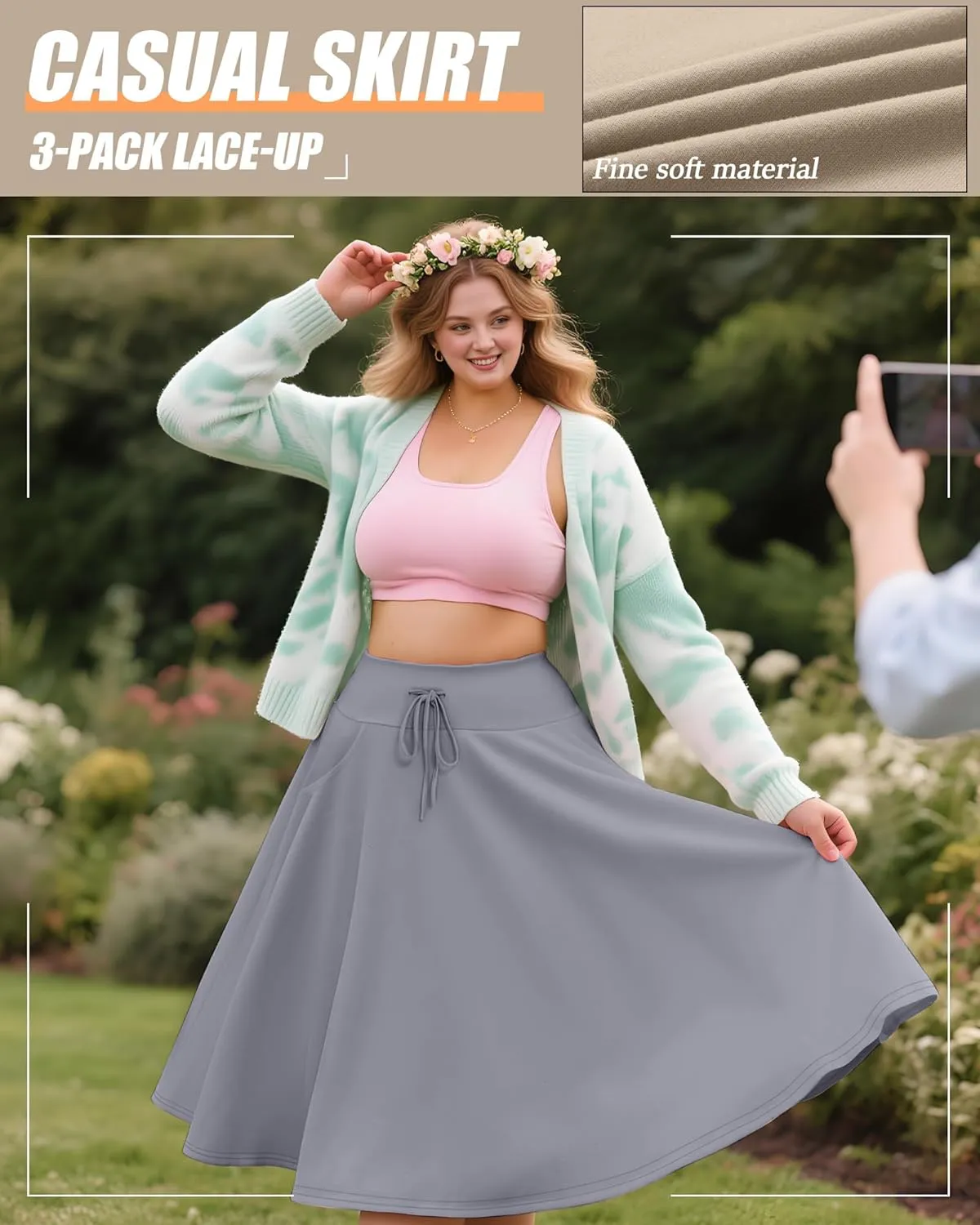 3 Pack Plus Size Skirts for Women Knee Length Flared Midi Stretchy Drawstring Summer Skirts 1X-5X