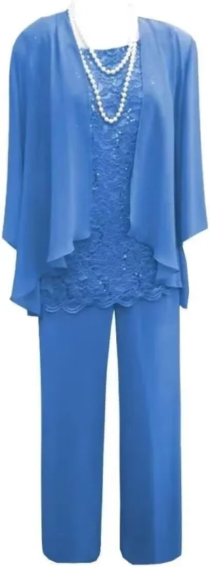 3 Pcs Mother of The Bride Pant Suits for Wedding Long Sleeve Chiffon Formal Evening Gowns with Jacket