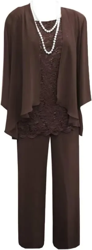 3 Pieces Mother of The Bride Pant Suits Lace Chiffon Formal Wedding Guest Dress with Jacket