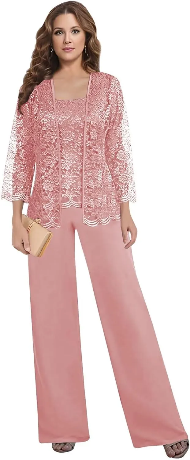 3 Pieces Pant Suits for Women Dressy - Chiffon Lace Mother of The Bride Pant Suits for Wedding with Jacket