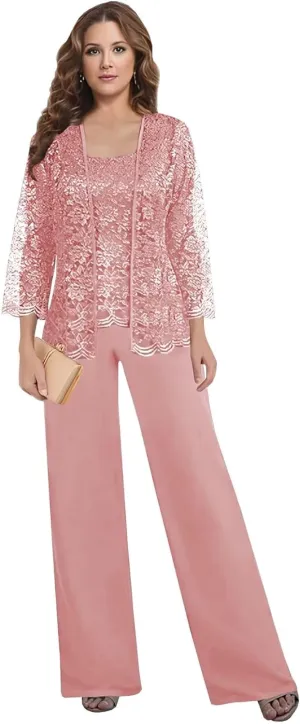 3 Pieces Pant Suits for Women Dressy - Chiffon Lace Mother of The Bride Pant Suits for Wedding with Jacket