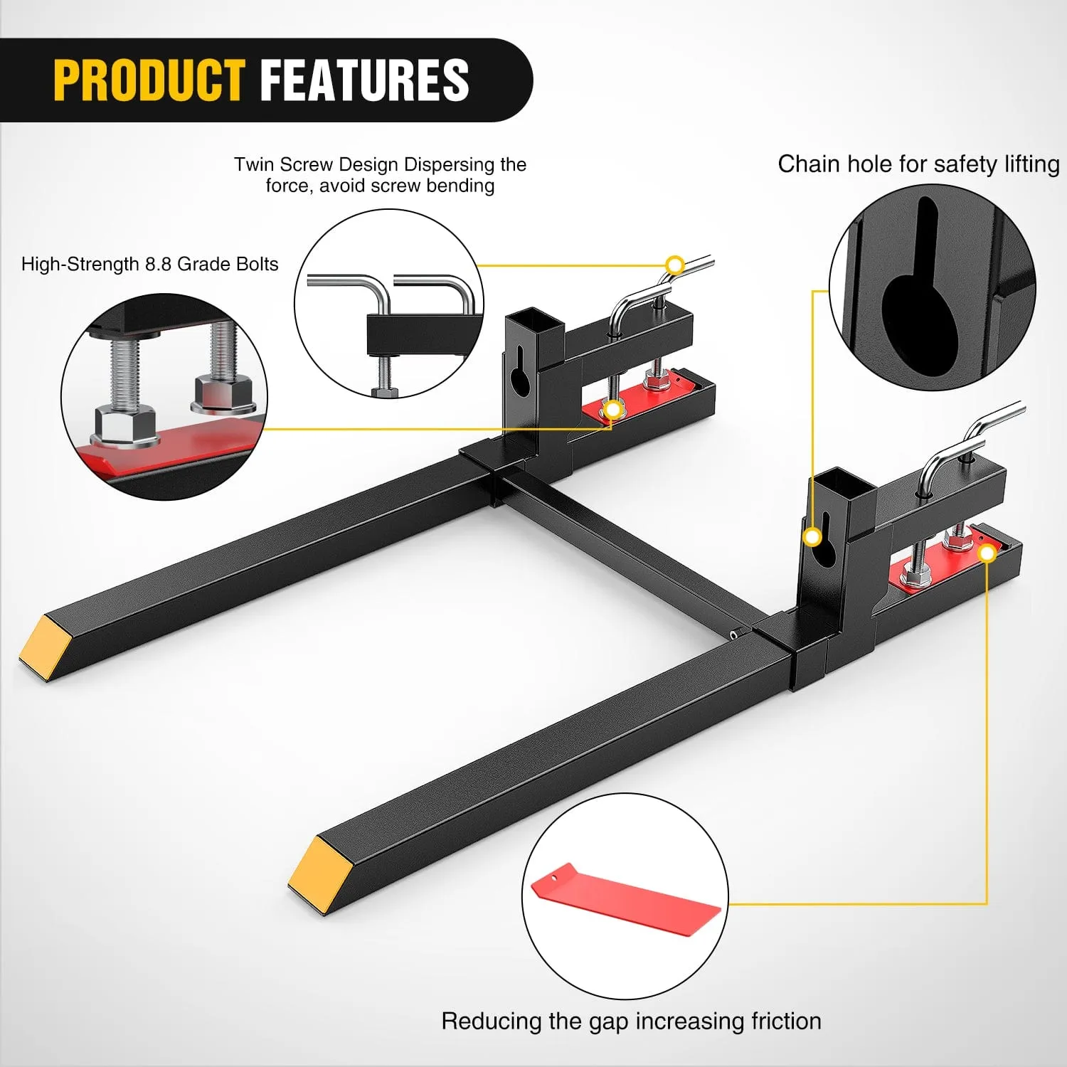60Inch 4000lbs Clamp on Pallet Forks Heavy Duty Tractor Forks with Adjustable Stabilizer Bar