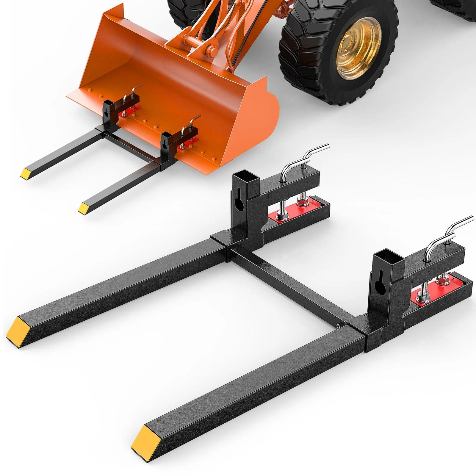 60Inch 4000lbs Clamp on Pallet Forks Heavy Duty Tractor Forks with Adjustable Stabilizer Bar