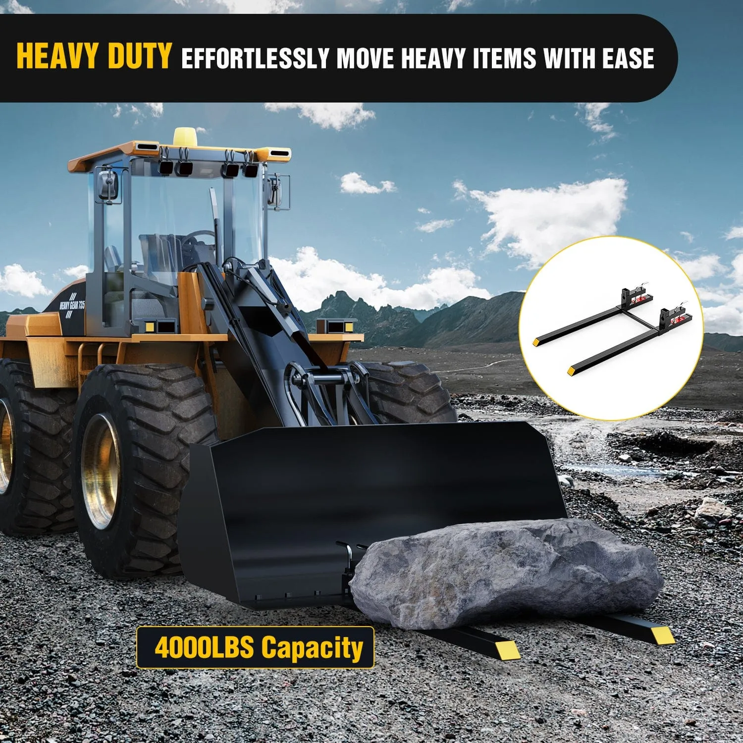 60Inch 4000lbs Clamp on Pallet Forks Heavy Duty Tractor Forks with Adjustable Stabilizer Bar