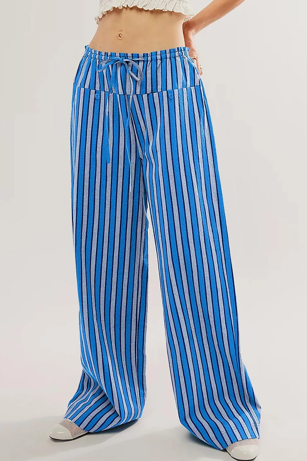 Acelitt Women Casual Drawstring Elastic Waist Loose Wide Leg Striped Pants with Pockets, S-XXL